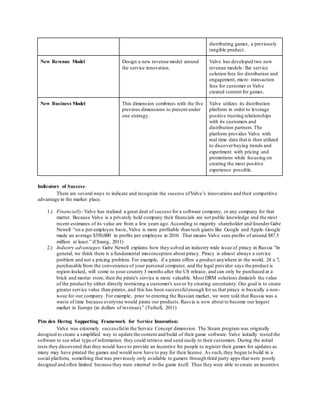 distributing games, a previously 
tangible product. 
New Revenue Model Design a new revenue model around 
the service innovation. 
Valve has developed two new 
revenue models: flat service 
solution fees for distribution and 
engagement, micro transaction 
fees for customer or Valve 
created content for games. 
New Business Model This dimension combines with the five 
previous dimensions to present under 
one strategy. 
Valve utilizes its distribution 
platform in order to leverage 
positive trusting relationships 
with its customers and 
distribution partners. The 
platform provides Valve with 
real time data that is then utilized 
to discover buying trends and 
experiment with pricing and 
promotions while focusing on 
creating the most positive 
experience possible. 
Indicators of Success: 
There are several ways to indicate and recognize the success of Valve’s innovations and their competitive 
advantage in the market place. 
1.) Financially: Valve has realized a great deal of success for a software company, or any company for that 
matter. Because Valve is a privately held company their financials are not public knowledge and the most 
recent estimates of its value are from a few years ago. According to majority shareholder and founder Gabe 
Newell “on a per-employee basis, Valve is more profitable than tech giants like Google and Apple. Google 
made an average $350,000 in profits per employee in 2010. That means Valve sees profits of around $87.5 
million at least.” (Chiang, 2011) 
2.) Industry advantages: Gabe Newell explains how they solved an industry wide issue of piracy in Russia “In 
general, we think there is a fundamental misconception about piracy. Piracy is almost always a service 
problem and not a pricing problem. For example, if a pirate offers a product anywhere in the world, 24 x 7, 
purchasable from the convenience of your personal computer, and the legal provider says the product is 
region-locked, will come to your country 3 months after the US release, and can only be purchased at a 
brick and mortar store, then the pirate's service is more valuable. Most DRM solutions diminish the value 
of the product by either directly restricting a customer's use or by creating uncertainty. Our goal is to create 
greater service value than pirates, and this has been successful enough for us that piracy is basically a non - 
issue for our company. For example, prior to entering the Russian market, we were told that Russia was a 
waste of time because everyone would pirate our products. Russ ia is now about to become our largest 
market in Europe (in dollars of revenue).” (Tufnell, 2011) 
Pim den Hertog Supporting Framework for Service Innovation: 
Valve was extremely successful in the Service Concept dimension. The Steam program was originally 
designed to create a simplified way to update the content and build of their game software. Valve initially tested the 
software to see what type of information they could retrieve and send easily to their customers. During the initial 
tests they discovered that they would have to provide an incentive for people to register their games for updates as 
many may have pirated the games and would now have to pay for their license. As such, they began to build in a 
social platform, something that was previously only available to gamers through third party apps that were poorly 
designed and often limited because they were external to the game itself. Thus they were able to create an incentive 
 