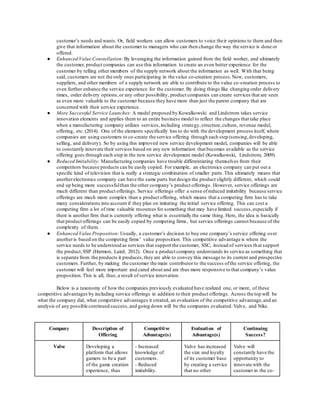 customer’s needs and wants. Or, field workers can allow customers to voice the ir opinions to them and then 
give that information about the customer to managers who can then change the way the service is done or 
offered. 
● Enhanced Value Constellation: By leveraging the information gained from the field worker, and ultimately 
the customer, product companies can use this information to create an even better experience for the 
customer by telling other members of the supply network about the information as well. With that being 
said, customers are not the only ones participating in the value co-creation process. Now, customers, 
suppliers, and other members of a supply network are able to contribute to the value co -creation process to 
even further enhance the service experience for the customer. By doing things like changing order delivery 
times, order delivery options, or any other possibility, product companies can create services that are seen 
as even more valuable to the customer because they have more than just the parent company that are 
concerned with their service experience. 
● More Successful Service Launches: A model proposed by Kowalkowski and Lindstrom takes service 
innovation elements and applies them to an entire business model to reflect the changes that take place 
when a manufacturing company utilizes services, including strategy, structure, culture, revenue model, 
offering, etc. (2014). One of the elements specifically has to do with the development process itself, where 
companies are using customers to co-create the service offering through each step (sensing, developing, 
selling, and delivery). So by using this improved new service development model, companies will be able 
to constantly innovate their services based on any new information that becomes available as the service 
offering goes through each step in the new service development model (Kowalkowski, Lindstrom, 2009). 
● Reduced Imitability: Manufacturing companies have trouble differentiating themselves from their 
competitors because products can be easily copied. For example, an electronics company can put out a 
specific kind of television that is really a strategic combination of smaller parts. This ultimately means that 
another electronics company can have the same parts but design the product slightly different, which could 
end up being more successful than the other company’s product offerings. However, service offerings are 
much different than product offerings. Service offerings offer a sense of reduced imitability because service 
offerings are much more complex than a product offering, which means that a competing firm has to take 
many considerations into account if they plan on imitating the initial service offering. This can cost a 
competing firm a lot of time valuable resources for something that may have limited success, especially if 
there is another firm that is currently offering what is essentially the same thing. Here, the idea is basically 
that product offerings can be easily copied by competing firms, but service offerings cannot because of the 
complexity of them. 
● Enhanced Value Proposition: Usually, a customer’s decision to buy one company’s service offering over 
another is based on the competing firms’ value proposition. This competitive advantage is where the 
service needs to be understood as services that support the customer, SSC, instead of services th at support 
the product, SSP (Harmon, Laird, 2012). Once a product company understands its service as something that 
is separate from the products it produces, they are able to convey this message to its current and prospective 
customers. Further, by making the customer the main contributor to the success of the service offering, the 
customer will feel more important and cared about and are thus more responsive to that company’s value 
proposition. This is all, thus, a result of service innovation. 
Below is a taxonomy of how the companies previously evaluated have realized one, or more, of these 
competitive advantages by including service offerings in addition to their product offerings. Across the top will be 
what the company did, what competitive advantages it created, an evaluation of the competitive advantage, and an 
analysis of any possible continued success, and going down will be the companies evaluated: Valve, and Nike. 
Company Description of 
Offering 
Competitive 
Advantage(s) 
Evaluation of 
Advantage(s) 
Continuing 
Success? 
Valve Developing a 
platform that allows 
gamers to be a part 
of the game creation 
experience, thus 
- Increased 
knowledge of 
customers. 
- Reduced 
imitability. 
Valve has increased 
the size and loyalty 
of its customer base 
by creating a service 
that no other 
Valve will 
constantly have the 
opportunity to 
innovate with the 
customer in the co- 
 