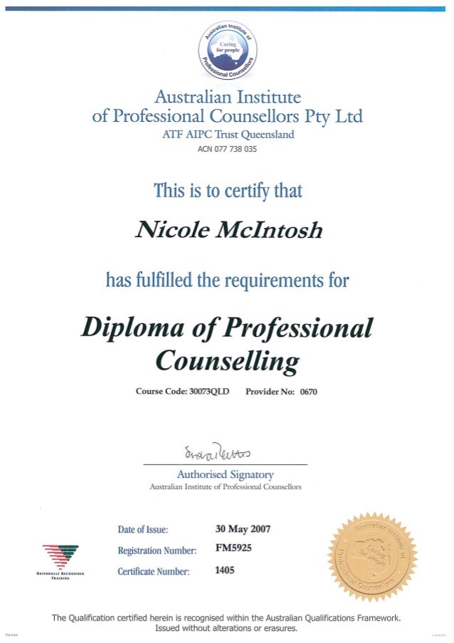 Diploma of Professional Counselling Certificate