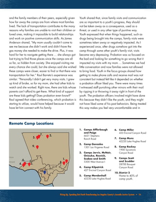 Rising Up, Speaking Out:Youth Transforming Los Angeles County’s Juvenile Justice System • 16
and the family members of their peers, especially given
how far away the camps are from where most families
lived. The lack of transportation contributes to the many
reasons why families are unable to visit their children or
loved ones, making it impossible to build relationships
and work on positive communication skills. As James
Anderson shared, “My mom usually couldn’t come to
see me because she didn’t work and didn’t have the
gas money she needed to make the drive. Plus, it was
hard for her to navigate getting there … she always got
lost trying to find those places since the camps are all
so far, so hidden from society. She enjoyed visiting me
every chance she could, but she always said she wished
these camps were closer, easier to find or that there was
transportation for her.” Raul Barreto’s experience was
similar: “Personally I didn’t get very many visits. I grew
up kind of broke, so for my mom, she had other kids to
watch and she worked. Right now, there are kids whose
parents can’t afford to get there. What kind of support
are these kids getting? Does probation even know?”
Raul agreed that video conferencing, which probation is
starting to utilize, would have helped because it would
have let him connect with his family.
Youth shared that, since family visits and communication
are so important to a youth’s progress, they should
not be taken away as a consequence, used as a
threat, or used in any other type of punitive way.
Youth expressed that when things happened, such as
drugs being brought into the camps, family visits were
sometimes taken away or negatively impacted. As I
experienced once, after drugs somehow got into the
camp through some other youth’s family visit, visits
became very depressing. Probation was so focused on
the bad and looking for something to go wrong that it
impacted my visits with my mom … Sometimes we had
little conversation and now families were not allowed
to bring food. Youth in the focus groups shared how
getting to make phone calls and receive mail was not
consistent but instead felt like it depended on whether
a probation officer liked you. There were many times
I witnessed staff punishing other minors with their mail
by ripping it or throwing it away right in front of the
youth. The probation officers involved might have done
this because they didn’t like the youth, and they might
not have liked some of his past behaviors. Being treated
this way makes you feel very uncomfortable and in
Remote Camp Locations
1.	 Camps Afflerbaugh
and Paige
6631 Stephens
Ranch Road
2.	 Camp Gonzales
1301 Las Virgenes Road
3.	 Camps Jarvis, McNair,
Onizuka, Resnick,
Scobee and Smith
5300 West Avenue I
4.	 Camp Kilpatrick
427 Encinal Canyon Road
5.	 Camp Mendenhall
42230 Lake Hughes Road
6.	 Camp Miller
433 Encinal Canyon Road
7.	 Camp Munz
42220 Lake Hughes Road
8.	 Camp Rockey
1900 Sycamore
Canyon Road
9.	 Camps Scott
and Scudder
28700 Bouquet
Canyon Road
10.	District 2
Home to 40% of
camp youth.
 
