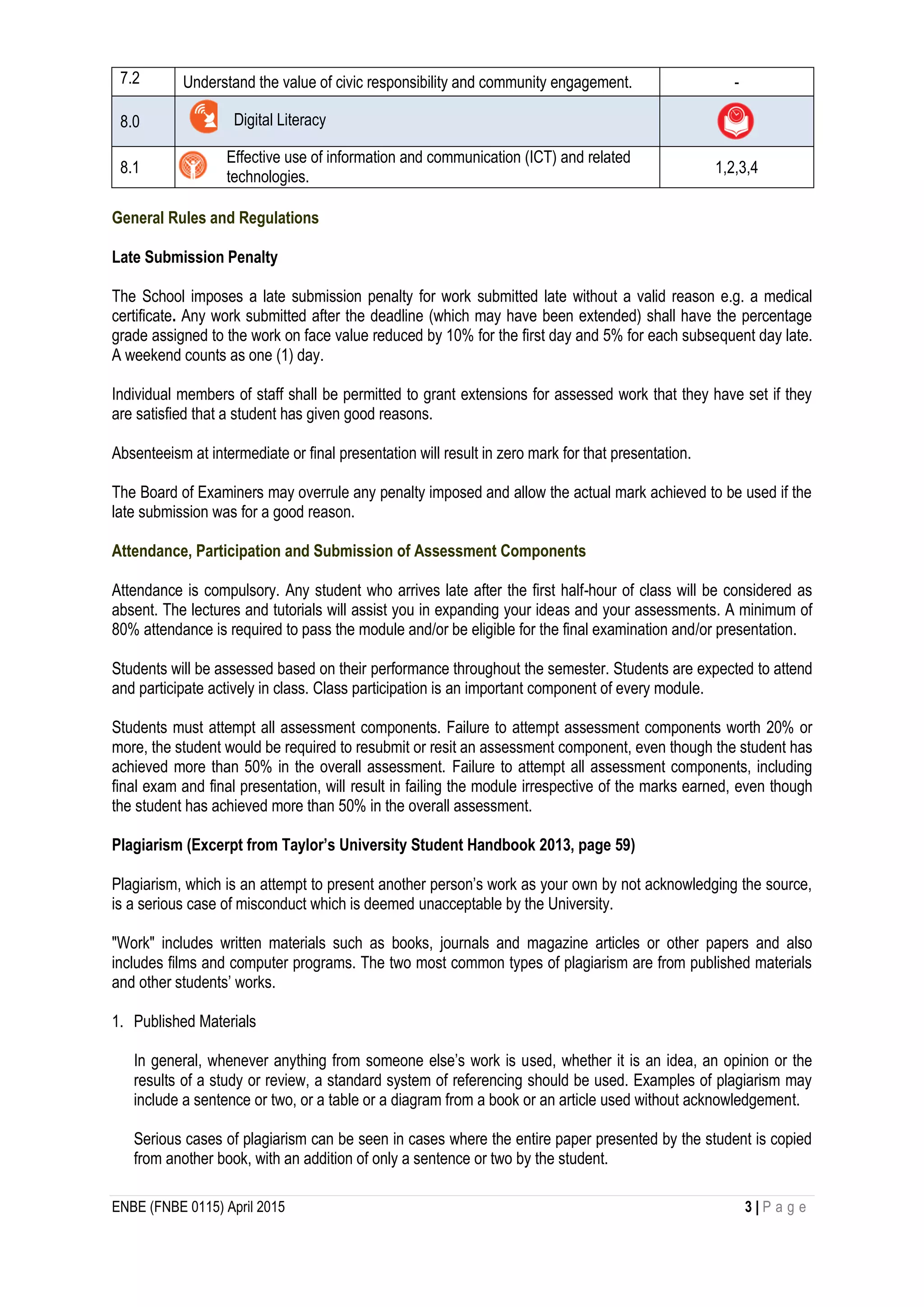ENBE (FNBE 0115) April 2015 3 | P a g e
General Rules and Regulations
Late Submission Penalty
The School imposes a late submission penalty for work submitted late without a valid reason e.g. a medical
certificate. Any work submitted after the deadline (which may have been extended) shall have the percentage
grade assigned to the work on face value reduced by 10% for the first day and 5% for each subsequent day late.
A weekend counts as one (1) day.
Individual members of staff shall be permitted to grant extensions for assessed work that they have set if they
are satisfied that a student has given good reasons.
Absenteeism at intermediate or final presentation will result in zero mark for that presentation.
The Board of Examiners may overrule any penalty imposed and allow the actual mark achieved to be used if the
late submission was for a good reason.
Attendance, Participation and Submission of Assessment Components
Attendance is compulsory. Any student who arrives late after the first half-hour of class will be considered as
absent. The lectures and tutorials will assist you in expanding your ideas and your assessments. A minimum of
80% attendance is required to pass the module and/or be eligible for the final examination and/or presentation.
Students will be assessed based on their performance throughout the semester. Students are expected to attend
and participate actively in class. Class participation is an important component of every module.
Students must attempt all assessment components. Failure to attempt assessment components worth 20% or
more, the student would be required to resubmit or resit an assessment component, even though the student has
achieved more than 50% in the overall assessment. Failure to attempt all assessment components, including
final exam and final presentation, will result in failing the module irrespective of the marks earned, even though
the student has achieved more than 50% in the overall assessment.
Plagiarism (Excerpt from Taylor’s University Student Handbook 2013, page 59)
Plagiarism, which is an attempt to present another person’s work as your own by not acknowledging the source,
is a serious case of misconduct which is deemed unacceptable by the University.
"Work" includes written materials such as books, journals and magazine articles or other papers and also
includes films and computer programs. The two most common types of plagiarism are from published materials
and other students’ works.
1. Published Materials
In general, whenever anything from someone else’s work is used, whether it is an idea, an opinion or the
results of a study or review, a standard system of referencing should be used. Examples of plagiarism may
include a sentence or two, or a table or a diagram from a book or an article used without acknowledgement.
Serious cases of plagiarism can be seen in cases where the entire paper presented by the student is copied
from another book, with an addition of only a sentence or two by the student.
7.2 Understand the value of civic responsibility and community engagement. -
8.0 Digital Literacy
8.1
Effective use of information and communication (ICT) and related
technologies.
1,2,3,4
 