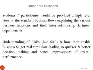 Functional Business
Students / participants would be provided a high level
view of the standard business flows explaining the various
business functions and their inter-relationship & inter-
dependencies.
Understanding of ERPs (like SAP) & how they enable
Business to get real time data leading to quicker & better
decision making and hence improvement of overall
performance.
12/4/201433
 