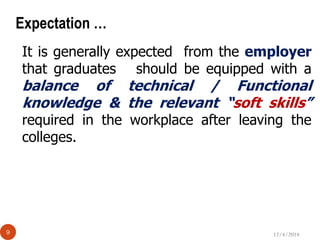 12/4/20149
Expectation …
It is generally expected from the employer
that graduates should be equipped with a
balance of technical / Functional
knowledge & the relevant “soft skills”
required in the workplace after leaving the
colleges.
 