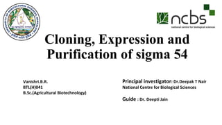 Cloning, Expression and
Purification of sigma 54
Vanishri.B.R.
BTL(H)041
B.Sc.(Agricultural Biotechnology)
Principal investigator: Dr.Deepak T Nair
National Centre for Biological Sciences
Guide : Dr. Deepti Jain
 