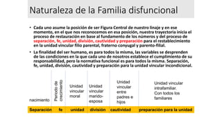 Naturaleza de la Familia disfuncional
• Cada uno asume la posición de ser Figura Central de nuestro linaje y en ese
momento, en el que nos reconocemos en esa posición, nuestra trayectoria inicia el
proceso de restauración en base al fundamento de los números y del proceso de
separación, fe, unidad, división, cautividad y preparación para el restablecimiento
en la unidad vincular filio parental, fraterno conyugal y parento-filial.
• La finalidad del ser humano, es para todos la misma, las variables se desprenden
de las condiciones en la que cada uno de nosotros establece el cumplimiento de su
responsabilidad, pero la normativa funcional es para todos la misma. Separación,
fe, unidad, división, cautividad y preparación para la unidad vincular incondicional.
Unidad vincular
intrafamiliar.
Con todos los
familiares
Unidad
vincular
entre
padres e
hijos
Unidad
vincular
marido-
esposa
Unidad
vincular
moral
Separación fe unidad división cautividad preparación para la unidad
Periodo
de
crecimiento
nacimiento
 