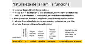 Naturaleza de la Familia funcional
• 40 semanas- Separación del vientre materno.
• 40 meses- 3 años de absorción fe en la orientación, información y afecto familiar.
• 12 años- es el momento de la adolescencia, en donde el niño se independiza.
• 4 años de noviazgo de repartir emociones, conocimiento y comportamiento.
• 21 años de desarrollo del vinculo, convencimiento y realización parento filial.
• 40 periodo de preparación para la espiritualidad.
Unidad vincular
intrafamiliar.
Con todos los
familiares
Unidad
vincular
entre
padres e
hijos
Unidad
vincular
marido-
esposa
Unidad
vincular
moral
Separación fe unidad división cautividad preparación para la unidad
Periodo
de
crecimiento
nacimiento
 
