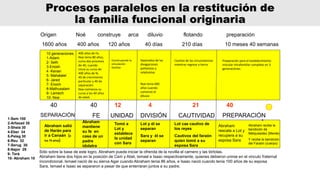 Procesos paralelos en la restitución de
la familia funcional originaria
Origen Noé construye arca diluvio flotando preparación
1600 años 400 años 120 años 40 días 210 días 10 meses 40 semanas
SEPARACIÓN FE UNIDAD DIVISIÓN CAUTIVIDAD PREPARACIÓN
40 40 12 4 21 40
Abraham salió
de Harán para
ir a Canaán (a
los 75 años)
Abraham
mantiene
su fe en
casa de un
padre
idolatra
Tomó a
Lot y
establece
la unidad
con Sara
Lot y él se
separan
Sara y él se
separan
Lot cae cautivo de
los reyes
Cautivos del faraón
quien tomó a su
esposa Sara
Abraham
rescata a Lot y
recupera a su
esposa Sara
10 generaciones
1-Adam
2- Seth
3-Enosh
4 -Kenan
5- Mahalalel
6- Jared
7- Enoch
8-Mathusalam
9- Lamech
10- Noe
1-Sem 100
2-Arfaxad 35
3-Shela 30
4-Eber 34
5-Peleg 30
6-Reu 32
7-Serug 30
8-Najor 29
9- Terá
10- Abraham 10
Abraham recibe la
bendición de
Melquisedez (Mente)
Y recibe la bendición
del Faraón (cuerpo)
Sólo sobre la base de este logro, Abraham puede iniciar la ofrenda de la novilla el carnero y las tórtolas.
Abraham tiene dos hijos en la posición de Caín y Abel, Ismael e Isaac respectivamente, quienes debieron unirse en el vinculo fraternal
incondicional. Ismael nació de su sierva Agar cuando Abraham tenia 86 años, e Isaac nació cuando tenia 100 años de su esposa
Sara. Ismael e Isaac se separaron a pesar de que enterraran juntos a su padre.
Construyendo la
vinculación
familiar
Separados de las
divagaciones
politeístas y
relativistas
Cautivo de las circunstancias
mientras regresa a tierra
Preparación para el establecimiento
vincular intrafamiliar completo en 3
generaciones
Noe tenia 600
años cuando
comenzó el
diluvio
400 años de Fe.
Noe tenia 80 años,
suma dos procesos
de 40, cuando
inicia su curso de
400 años de fe.
40 de crecimiento
particular y 40 de
separación.
Noe comienza su
curso a los 40 años
de edad.
 