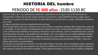 HISTORIA DEL hombre
PERIODO DE FE 400 años -1530-1130 BC
Hasta el 1130 a. de C. Las civilizaciones existentes, coexistieron con la Figura Central del momento, sin
comprender la misión que han de cumplir, porque la autonomía y responsabilidad humana, exigen que el
individuo se cumpla o se realice humano, en entera libertad, y que descubra su origen, identidad y propósito,
por sí sólo.
Las figuras centrales, asumen voluntariamente esa tarea.
Se les puede imitar, pero no es suficiente con imitar al líder, es necesario realizarse líder apoderado y autor de
tu autoridad. El único cristiano verdaderamente cristiano, fue Cristo, el único budista verdadero, fue Buda, el
único Confucionista verdadero, fue Confucio. El humano, ha de realizarse, sobre la comprensión de las normas
de la Naturaleza Humana, comprendidas por el individuo. Así, unos, adquieren una responsabilidad mundial,
otros continental, otros nacional, otros regional y otros, de su comunidad o tribu consanguínea. Pero todos y
cada uno, han de realizarse en las normas de la naturaleza humana, para normalizarse en ellas. Y para eso,
deben descubrirlas y comprenderlas.
Ser Humano, naturalmente normado, no es tarea fácil. Exige en principio de la investigación precoz, desde los
4 primeros años de vida, para disponer a los doce (en la adolescencia) los recursos de información necesarios
para superar la tentación del máximo apetito, el Inter genital prematuro. Si no lo supera, pierde su integridad.
 
