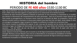 HISTORIA del hombre
PERIODO DE FE 400 años-1530-1130 BC
Isaac, hijo de Abraham, tuvo dos hijos que encarnaban la posición de restituir el fallo de los hermanos originarios
(Caín y Abel). Estos dos hijos jugaron un papel decisivo en la restauración de la familia funcional.
La historia de estos hermanos podemos analizarla en particular en otro momento, lo importante es, el modelo
que declara la información del comportamiento de estos personajes. Esaú era el hermano mayor (posición de
Caín) vende su primogenitura a su hermano menor Jacob (en la posición de Abel). Se arrepiente y siente celo
extremo (recelo) contra su hermano y lo busca para matarlo (cosa que hizo Caín con Abel). Jacob trabaja 21 años
y le entrega lo conseguido y logra recuperar el respeto, la confianza y la unidad con su hermano Esaú.
Esta historia muestra la posibilidad de superar el celo, cosa que de acuerdo con las normas de costumbre del
momento y lugar, los Códigos de Hammurabi, de Ur-nammu, o las leyes Hititas del momento, eran totalmente
opuestas: “Ley del Talión ojo por ojo diente por diente”. Celo y recelo eran de igual valor para los
contemporáneos de Abraham.
Jacob, restaura el vinculo Fraternal, pero no asume su rol de Figura Central de la restauración del vinculo
conyugal. Rechaza a Lea por Raquel y eso crea en su descendencia, la necesidad de reestablecer la Familia
Modelo Funcional Original. Alguien debe asumir nuevamente la posición de Figura Central que restaure el
fundamento incompleto en la familia de Jacob.
 