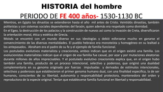 HISTORIA del hombre
PERIODO DE FE 400 años- 1530-1130 BC
Mientras, en Egipto las dinastías se extendieron hasta el año mil antes de Cristo. Veintidós dinastías, también
politeístas y con sistemas sociales dependientes del faraón, quien además era respetado como divinidad.
En el Egeo, la destrucción de los palacios y la construcción de nuevos así como la invasión de Creta, diversificaron
la orientación moral, ética y estética de Grecia.
Moisés se encontró con un mundo diverso en sus ideologías y debió esforzarse mucho en ganarse el
convencimiento de las diversas mentalidades. El pueblo hebraico era monoteísta y homogéneo en su lealtad a
los antepasados. Abraham era el padre de su fe y el ejemplo de familia funcional.
Los postulados evolutivos materialista y creacionista, ambos indican que en el origen existió una familia. Los
evolucionistas materialistas indican que el origen de esa familia fue casual, por azar y por mutaciones aleatorias
durante millones de años imprecisables. Y el postulado evolutivo creacionista explica que, en el origen hubo
también una familia, producto de un proceso intencional, selectivo y poderoso, que originó una dualidad
complementaria en su genoma originado por fuerzas impulsadas y derivadas de estímulos intencionales,
selectivos y poderosos que establecieron el primer genoma humano dual, con una finalidad especifica, la de ser
humanos, conscientes de su libertad, autonomía y responsabilidad protectora, mantenedora del orden y
reproductora de la especie original. Tenían que establecerse familia funcional en libertad y responsabilidad.
 