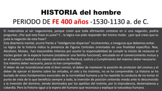 HISTORIA del hombre
PERIODO DE FE 400 años -1530-1130 a. de C.
El materialista al ser negacionista, porque creen que toda afirmación contiene en si una negación, podría
preguntar, ¿Por qué esta frase es justa? Y… la lógica nos pide responder del mismo modo: ¿por qué crees que es
justa la negación de esta frase?
Esta disentería mental, ocurre frente a “inteligencias dispersas” incoherentes, e inseguras que debemos evitar.
La lógica de la historia indica la presencia de Figuras Centrales orientadas en una finalidad especifica. Noe,
Abraham, Moisés, han trascendido milenios por asumir la responsabilidad de cumplir la misión de restaurar el
núcleo gestor de la especie humana (establecer una familia funcional), vinculada en el convencimiento mutuo y
en el respeto y lealtad a los valores absolutos de Plenitud, Justicia y Cumplimiento del máximo deber necesario.
Ese máximo deber necesario, pocos lo han comprendido.
El deber de ser incondicional ante el bien común, el deber de mantener la posición de protector del cosmos y el
deber de ejercer el domino sobre las virtudes, el celo y los instintos, no se ha comprendido. La historia se ha
burlado de estos fundamentos esenciales de la normalidad humana y se ha repetido la conducta de no tomar el
punto de vista de lo que beneficia siempre a todo, la inversión de posición sintiendo miedo ante lo desconocido
y la inversión del dominio, siendo dominados por los apetitos del instinto, por la imprudencia, destemplanza y
cobardía. Pero la historia sigue a la espera del humano que reconozca y explique la naturaleza humana.
 