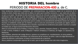 HISTORIA DEL hombre
PERIODO DE PREPARACION-400 a. de C.
Estas tendencias hedonistas y escépticas, son contemporáneas. Los escépticos dudan de la existencia de la
verdad, es decir, dudan que, todo acto se deba a la razón que lo justifica necesario, o que, todo acto se debe a
un por y a un para. No porque el acto carezca de razón de ser, sino por su propia inseguridad. Y los hedonistas,
podríamos decir que son la suma de arrogantes defensores de la espiritualidad o de los caminos hacia la
felicidad, que no comprenden y que, nunca explican. La historia, es el proceso de investigación de las normas
Naturales y en este periodo de preparación para la unidad, en el entendimiento del Núcleo Gestor de La Especie
Humana, el ambiente creado por los hebreos, y por la suma de conocimiento acumulado por Egipto, Grecia y
Persia, elevó el nivel de la sensibilidad cívica reinante; mejorando las condiciones para poder reconocer y aceptar
el modelo que, la Figura Central del Momento ofrecería.
Aflora el conocimiento de los Profetas, 4 mayores: Isaías, Jeremías, Ezequiel y Daniel y 12 menores: 1- Oseas
2- Joel, 3- Amós, 4-Abdías 5- Jonás 6-Miqueas 7- Nahúm 8-Habacuc, 9- Sofonías, 10- Hageo 11- Zacarías y 12-
Malaquías.
Estos profetas, advertían del castigo divino a, quienes no cumplieran sus mandamientos, en otras palabras,
explicaban que las normas, normalizan y las violaciones de las normas, se sufren. Cada uno elige libremente el
camino de disfrute o sufrimiento, en base al conocimiento de su decencia.
Ahora, podemos comprender aspectos de la razón, que en aquel tiempo eran sólo mitos imaginarios.
 