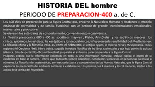 HISTORIA DEL hombre
PERIODO DE PREPARACION-400 a. de C.
Los 400 años de preparación para la Figura Central que, encarne la Naturaleza Humana y establezca el modelo
estándar de normalidad y de Familia Funcional, son un periodo de grandes transformaciones emocionales,
intelectuales y productivas.
Se elevaron los estándares de comportamiento, convencimiento y convivencia.
La filosofía presocrática 600 a 400 ac. socráticos mayores , Platón, Aristóteles y los socráticos menores los
cínicos, epicúreos, los estoicos, los escépticos y los neoplatónicos, influyeron en la sensibilidad del Mediterráneo.
La filosofía china y la filosofía india, así como el hebraísmo, el antiguo Egipto, el Imperio Persa y Mesopotamia. En las
regiones del Creciente Fértil, Irán y Arabia, surgió la literatura filosófica de los libros sapienciales y que hoy, domina la cultura
islámica. Este despertar filosófico o intelectual, preparaba el ambiente para comprender a La Figura Central.
Pitágoras, explica que la información contenida en todo, es una información numérica. Incluso explica el origen de la
existencia en base al número. Intuye que todo acto incluye posiciones numerables y procesos en secuencias sucesivas o
números. La filosofía y las matemáticas, son necesarias para la comprensión de las Normas Naturales, que la Figura Central
explicaría. La preparación del ambiente comienza a establecerse. Los profetas, los 4 mayores y los 12 menores, alertan a los
Judíos de la venida del Anunciado.
 