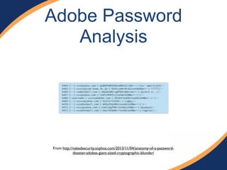 Adobe Password
Analysis
From http://nakedsecurity.sophos.com/2013/11/04/anatomy-of-a-password-
disaster-adobes-giant-sized-cryptographic-blunder/
 