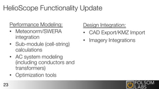 HelioScope Functionality Update
Performance Modeling:
•  Meteonorm/SWERA
integration
•  Sub-module (cell-string)
calculations
•  AC system modeling
(including conductors and
transformers)
•  Optimization tools
23
Design Integration:
•  CAD Export/KMZ Import
•  Imagery Integrations

 