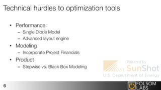 Technical hurdles to optimization tools
•  Performance:
–  Single Diode Model
–  Advanced layout engine
•  Modeling
–  Incorporate Project Financials
•  Product
–  Stepwise vs. Black Box Modeling
6
 