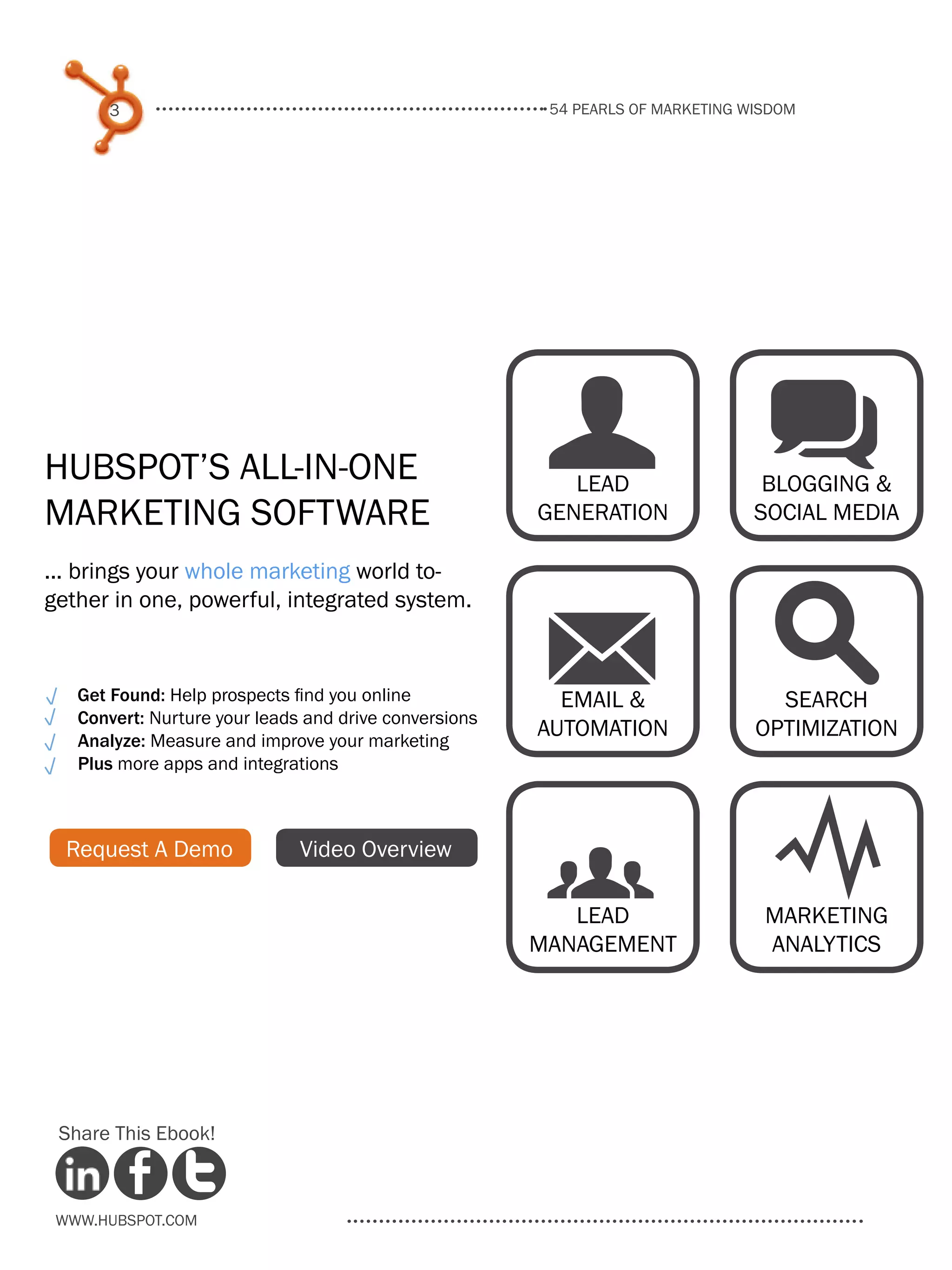 54 pearls of marketing wisdom
3
www.Hubspot.com
Share This Ebook!
... brings your whole marketing world to-
gether in one, powerful, integrated system.
HubSpot’s All-in-One
Marketing Software
Get Found: Help prospects find you online
Convert: Nurture your leads and drive conversions
Analyze: Measure and improve your marketing
Plus more apps and integrations
Lead
Generation
U blogging &
social media
q
Email &
Automation
M Search
optimization
s
Marketing
analytics
Y
Lead
management
g
Request A Demo Video Overview
 