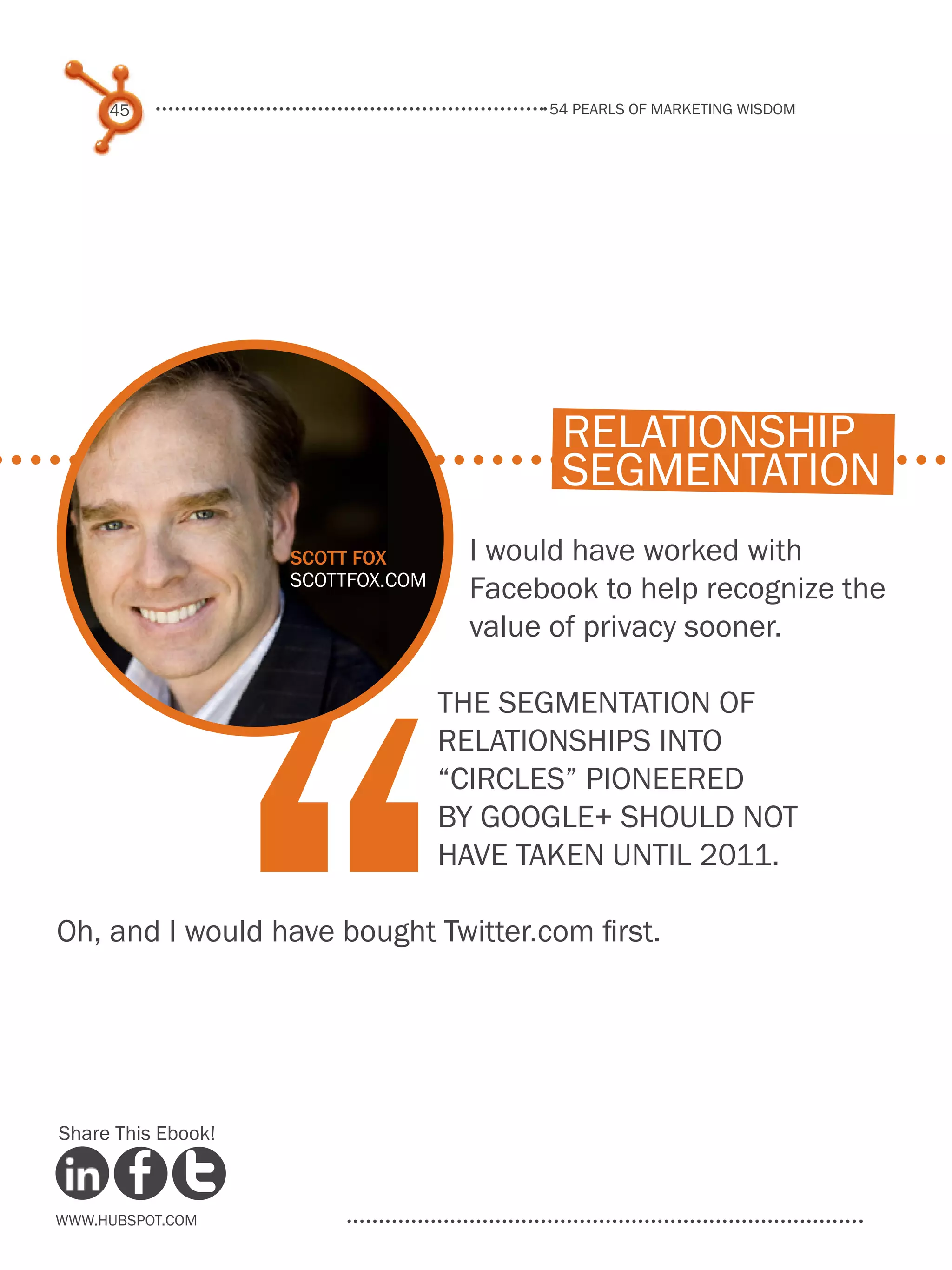 54 pearls of marketing wisdom
45
www.Hubspot.com
Share This Ebook!
I would have worked with
Facebook to help recognize the
value of privacy sooner.
The segmentation of
relationships into
“circles” pioneered
by Google+ should not
have taken until 2011.
Oh, and I would have bought Twitter.com first.
“
Scott Fox
scottfox.com
relationship
segmentation
 