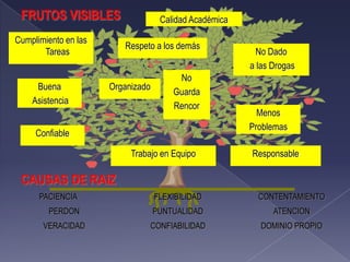 FRUTOS VISIBLES
CAUSAS DE RAIZ
Cumplimiento en las
Tareas
Buena
Asistencia
No
Guarda
Rencor
Confiable
No Dado
a las Drogas
Organizado
Calidad Académica
Menos
Problemas
Trabajo en Equipo Responsable
PACIENCIA FLEXIBILIDAD
PERDON PUNTUALIDAD
CONTENTAMIENTO
ATENCION
VERACIDAD CONFIABILIDAD DOMINIO PROPIO
Respeto a los demás
 