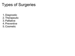 Types of Surgeries

1. Diagnostic
2. Therapeutic
3. Palliative
4. Preventive
5. Cosmetic
 