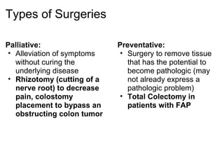 Types of Surgeries

Palliative:                  Preventative:
 • Alleviation of symptoms    • Surgery to remove tissue
   without curing the           that has the potential to
   underlying disease           become pathologic (may
 • Rhizotomy (cutting of a      not already express a
   nerve root) to decrease      pathologic problem)
   pain, colostomy            • Total Colectomy in
   placement to bypass an       patients with FAP
   obstructing colon tumor
 
