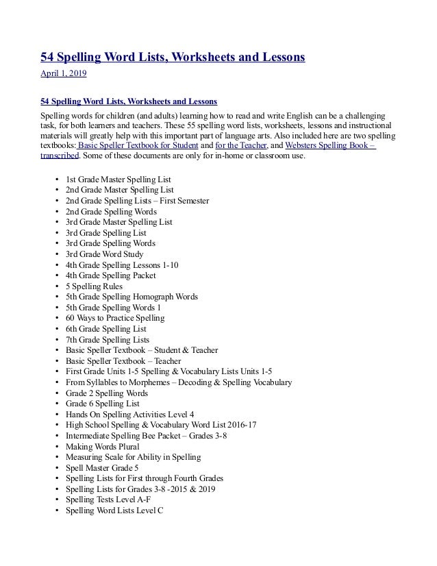 54 Spelling Word Lists Worksheets And Lessons 54 Spelling Word Lists Worksheets And Lessons