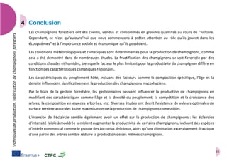 15
Techniquesdeproduction,valorisationdechampignonsforestiers
Conclusion
Les champignons forestiers ont été cueillis, vendus et consommés en grandes quantités au cours de l’histoire.
Cependant, ce n’est qu’aujourd’hui que nous commençons à prêter attention au rôle qu’ils jouent dans les
écosystèmes* et à l’importance sociale et économique qu’ils possèdent.
Les conditions météorologiques et climatiques sont déterminantes pour la production de champignons, comme
cela a été démontré dans de nombreuses études. La fructification des champignons se voit favorisée par des
conditions chaudes et humides, bien que le facteur le plus limitant pour la productivité du champignon diffère en
fonction des caractéristiques climatiques régionales.
Les caractéristiques du peuplement hôte, incluant des facteurs comme la composition spécifique, l’âge et la
densité influencent significativement la production des champignons mycorhyziens.
Par le biais de la gestion forestière, les gestionnaires peuvent influencer la production de champignons en
modifiant des caractéristiques comme l’âge et la densité du peuplement, la compétition et la croissance des
arbres, la composition en espèces arborées, etc. Diverses études ont décrit l’existence de valeurs optimales de
surface terrière associées à une maximisation de la production de champignons comestibles.
L’intensité de l’éclaircie semble également avoir un effet sur la production de champignons : les éclaircies
d’intensité faible à modérée semblent augmenter la productivité de certains champignons, incluant des espèces
d’intérêt commercial comme le groupe des Lactarius deliciosus, alors qu’une élimination excessivement drastique
d’une partie des arbres semble réduire la production de ces mêmes champignons.
 