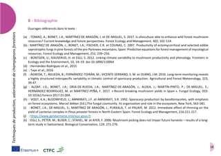 18
Techniquesdeproduction,valorisationdechampignonsforestiers
B – Bibliographie
Ouvrages référencés dans le texte :
(a) : TOMAO, A.; BONET, J.A.; MARTÍNEZ DE ARAGÓN, J. et DE-MIGUEL, S. 2017. Is silviculture able to enhance wild forest mushroom
resources? Current knowledge and future perspectives. Forest Ecology and Management, 402, 102-114.
(b) : MARTÍNEZ DE ARAGÓN, J.; BONET, J.A.; FISCHER, C.R. et COLINAS, C. 2007. Productivity of ectomycorrhizal and selected edible
saprotrophic fungi in pine forests of the pre-Pyrenees mountains, Spain: Predictive equations for forest management of mycological
resources. Forest Ecology and Management, 252, 239–256.
(c) : BÜNTGEN, U.; KAUSERUD, H. et EGLI, S. 2012. Linking climate variability to mushroom productivity and phenology. Frontiers in
Ecology and the Environment, 10, 14–19. doi:10.1890/110064
(d) : Hernández-Rodríguez et al., 2015
(e) : Taye et al., 2016
(f) : ÁGREDA, T.; ÁGUEDA, B.; FERNÁNDEZ-TOIRÁN, M.; VICENTE-SERRANO, S. M. et OLANO, J.M. 2016. Long-term monitoring reveals
a highly structured interspecific variability in climatic control of sporocarp production. Agricultural and Forest Meteorology, 223,
39-47.
(g) : ALDAY, J.G.; BONET, J.A.; ORIA-DE-RUEDA, J.A.; MARTÍNEZ-DE-ARAGÓN, J.; ALDEA, J.; MARTÍN-PINTO, P.; DE-MIGUEL, S.;
HERNÁNDEZ-RODRÍGUEZ, M. et MARTÍNEZ-PEÑA, F. 2017. « Record breaking mushroom yields in Spain ». Fungal Ecology, DOI:
10.1016/j.funeco.2017.01.004.
(h) : VOGT, K.A.; BLOOMFIELD, J.; AMMIRATI, J.F. et AMMIRATI, S.R. 1992. Sporocarp production by basidiomycetes, with emphasis
on forest ecosystems. Marcel dekker (Ed.),The fungal coomunity. Its organization and role in the ecosystem, New York, 563-581.
(i) : BONET, J.A.; DE-MIGUEL, S.; MARTÍNEZ DE ARAGÓN, J.; PUKKALA, T. et PALAHÍ, M. 2012. Immediate effect of thinning on the
yield of Lactarius complex in Pinus pinaster forests in North-Eastern Spain. Forest Ecology and Management, 216:211-217.
(j) : https://www.gendarmerie.interieur.gouv.fr
(k) : EGLI, S.; PETER, M.; BUSER, C.; STAHEL, W. et AYER, F. 2006. Mushroom picking does not impair future harvests – results of a long-
term study in Switzerland. Biological Conservation, 129: 271-276.
 
