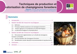 Techniques de production et
valorisation de champignons forestiers
Objectif : Fournir des informations au gestionnaire
forestier sur la gestion des ressources mycologiques.
Introduction .................................................................... 1
Gestion durable des ressources mycologiques .......................... 2
2.1 Définition ............................................................................................ 2
2.2 Principaux habitats producteurs de champignons forestiers...............2
2.3 Facteurs agissant sur la production et la diversité fongique...............3
2.4 La sylviculture fongique ou mycosylviculture......................................5
Gestion durable des ressources mycologiques .......................... 9
3.1 État actuel de la réglementation sur la récolte de champignons
forestiers comestibles ..................................................................................9
3.2 Commercialisation des champignons forestiers................................ 11
3.3 Sensibilisation sociale, éducation environnementale et mycotourisme13
Conclusion .....................................................................15
Annexes ........................................................................17
 