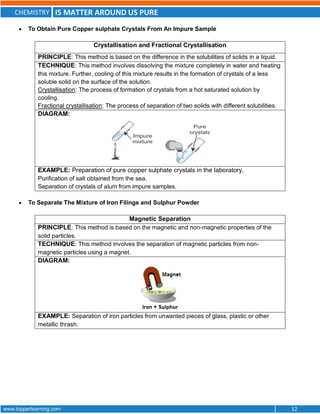 CHEMISTRY IS MATTER AROUND US PURE
www.topperlearning.com 12
 To Obtain Pure Copper sulphate Crystals From An Impure Sample
Crystallisation and Fractional Crystallisation
PRINCIPLE: This method is based on the difference in the solubilities of solids in a liquid.
TECHNIQUE: This method involves dissolving the mixture completely in water and heating
this mixture. Further, cooling of this mixture results in the formation of crystals of a less
soluble solid on the surface of the solution.
Crystallisation: The process of formation of crystals from a hot saturated solution by
cooling.
Fractional crystallisation: The process of separation of two solids with different solubilities.
DIAGRAM:
EXAMPLE: Preparation of pure copper sulphate crystals in the laboratory.
Purification of salt obtained from the sea.
Separation of crystals of alum from impure samples.
 To Separate The Mixture of Iron Filings and Sulphur Powder
Magnetic Separation
PRINCIPLE: This method is based on the magnetic and non-magnetic properties of the
solid particles.
TECHNIQUE: This method involves the separation of magnetic particles from non-
magnetic particles using a magnet.
DIAGRAM:
EXAMPLE: Separation of iron particles from unwanted pieces of glass, plastic or other
metallic thrash.
 