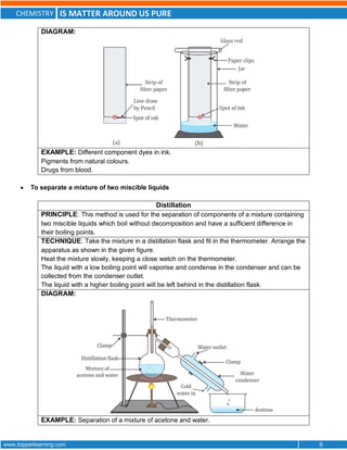 CHEMISTRY IS MATTER AROUND US PURE
www.topperlearning.com 9
DIAGRAM:
EXAMPLE: Different component dyes in ink.
Pigments from natural colours.
Drugs from blood.
 To separate a mixture of two miscible liquids
Distillation
PRINCIPLE: This method is used for the separation of components of a mixture containing
two miscible liquids which boil without decomposition and have a sufficient difference in
their boiling points.
TECHNIQUE: Take the mixture in a distillation flask and fit in the thermometer. Arrange the
apparatus as shown in the given figure.
Heat the mixture slowly, keeping a close watch on the thermometer.
The liquid with a low boiling point will vaporise and condense in the condenser and can be
collected from the condenser outlet.
The liquid with a higher boiling point will be left behind in the distillation flask.
DIAGRAM:
EXAMPLE: Separation of a mixture of acetone and water.
 