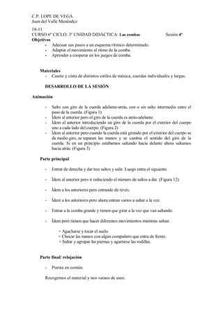C.P. LOPE DE VEGA
Juan del Valle Menéndez
18-11
CURSO:6º CICLO: 3º UNIDAD DIDÁCTICA: Las combas                               Sesión:4ª
Objetivos
      - Adecuar sus pasos a un esquema rítmico determinado.
      - Adaptar el movimiento al ritmo de la comba.
      - Aprender a cooperar en los juegos de comba.


    Materiales
     - Casete y cinta de distintos estilos de música, cuerdas individuales y largas.

      DESARROLLO DE LA SESIÓN

Animación

      -   Salto con giro de la cuerda adelante-atrás, con o sin salto intermedio entre el
          paso de la cuerda. (Figura 1)
      -   Ídem al anterior pero el giro de la cuerda es atrás-adelante.
      -   Ídem al anterior introduciendo un giro de la cuerda por el exterior del cuerpo
          uno a cada lado del cuerpo. (Figura 2)
      -   Ídem al anterior pero cuando la cuerda está girando por el exterior del cuerpo se
          da medio giro, se separan las manos y se cambia el sentido del giro de la
          cuerda. Si en un principio estábamos saltando hacia delante ahora saltamos
          hacia atrás. (Figura 3)

    Parte principal

      -   Entrar de derecha y dar tres saltos y salir. Luego entra el siguiente.

      -   Ídem al anterior pero ir reduciendo el número de saltos a dar. (Figura 12)

      -   Ídem a los anteriores pero entrando de revés.

      -   Ídem a los anteriores pero ahora entran varios a saltar a la vez.

      -   Entrar a la comba grande y tienen que girar a la vez que van saltando.

      -   Ídem pero tienen que hacer diferentes movimientos mientras saltan:

              + Agacharse y tocar el suelo.
              + Chocar las manos con algún compañero que entra de frente.
              + Saltar y agrupar las piernas y agarrarse las rodillas.


    Parte final/ relajación

      -   Puesta en común.

      Recogemos el material y nos vamos de aseo.
 