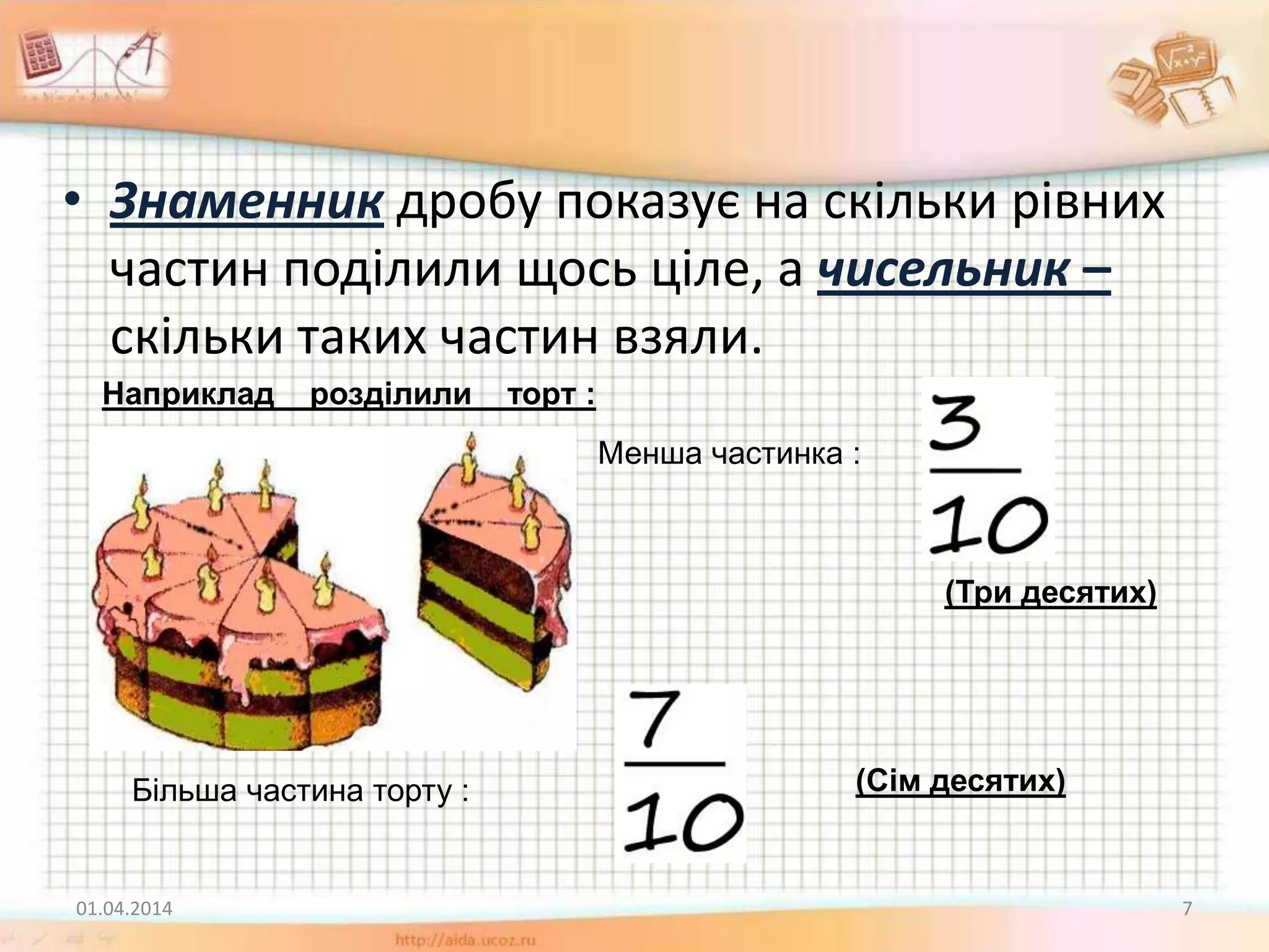 • Знаменник дробу показує на скільки рівних
частин поділили щось ціле, а чисельник –
скільки таких частин взяли.
01.04.2014 7
Наприклад розділили торт :
Менша частинка :
Більша частина торту :
(Три десятих)
(Сім десятих)
 
