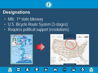 Designations
• MN: 1st state bikeway
• U.S. Bicycle Route System (3-stages)
• Requires political support (resolutions)

                                             2 3

                                              1
 