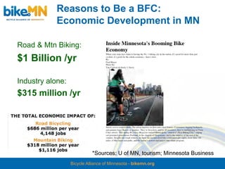 Reasons to Be a BFC:
            Economic Development in MN

Road & Mtn Biking:
$1 Billion /yr

Industry alone:
$315 million /yr




                            *Sources: U of MN, tourism; Minnesota Business
                  Bicycle Alliance of Minnesota - bikemn.org
 