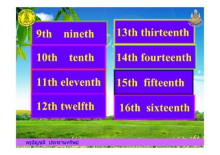 9th nineth
10th tenth
11th eleventh
13th thirteenth
14th fourteenth
15th fifteenth
ครูอัญชลี ประทานทรัพย
11th eleventh
12th twelfth
15th fifteenth
16th sixteenth
ครูอัญชลี ประทานทรัพย
 