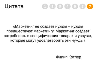 Цитата2345671«Маркетинг не создает нужды – нужды предшествуют маркетингу. Маркетинг создает потребность в специфических товарах и услугах, которые могут удовлетворить эти нужды»   ФилипКотлер