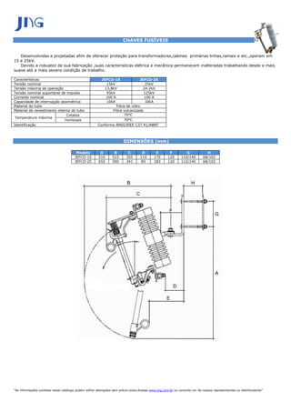  
                                                                      CHAVES FUSÍVEIS


   Desenvolvidas e projetadas afim de oferecer proteção para transformadores,cabines primárias linhas,ramais e etc.,operam em
15 e 25kV.
   Devido a robustez de sua fabricação ,suas características elétrica e mecânica permanecem inalteradas trabalhando desde a mais
suave até a mais severa condição de trabalho.

Características                                         JEFCO-15              JEFCO-25
Tensão nominal                                             15kV                  25kV
Tensão máxima de operação                                 13,8kV                24.2kV
Tensão nominal suportável de impulso                       95kV                 125kV
Corrente nominal                                          100 A                 100 A
Capacidade de interrupção assimétrica                      10kA                  10kA
Material do tubo                                                Fibra de vidro
Material de revestimento interno do tubo                      Fibra vulcanizada
                              Cotatos                                70°C
 Temperatura máxima
                             Terminais                               70°C
Identificação                                         Conforme ANSI/IEEE C37.41/ABNT



                                                                      DIMENSÕES (mm)

                                        Modelo         A        B        C        D        E        F          G            H
                                       JEFCO-15       510      515      355      110      170      120      110/140       68/102
                                       JEFCO-25       655      590      341      85       183      120      115/140       68/102




“As informações contidas nesse catálogo podem sofrer alterações sem prévio aviso.Acesse www.jng.com.br ou consulte um de nossos representantes ou distribuidores”
 