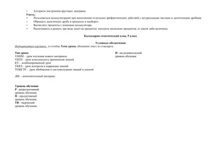 -   Алгоритм построения круговых диаграмм.
        Уметь:
        -   Пользоваться калькуляторами при выполнении отдельных арифметических действий с натуральными числами и десятичными дробями.
        -   Обращать десятичную дробь в проценты и наоборот.
        -   Вычислять проценты с помощью калькулятора.
        -   Распознавать и решать три вида задач на проценты: находить несколько процентов, от какой либо величины.

                                                 Календарно-тематический план, 5 класс

                                                            Условные обозначения
Подчеркнутым курсивом , в столбце Тема урока, обозначен текст из стандарта.

Тип урока:                                                              И - исследовательский
УИНМ – урок изучения нового материала                                   уровень обучения.
УКПЗ – урок комплексного применения знаний
КУ – комбинированный урок
УККЗ – урок контроля и коррекции знаний.
УОИСЗУ – урок обобщения и систематизации знаний и умений

ДМ – дополнительный материал


Уровень обучения:
Р - репродуктивный
уровень обучения;
П - продуктивный
уровень обучения;
ТВ - творческий
уровень обучения;
 