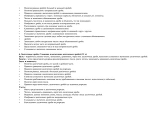 -    Понятия равных дробей, большей и меньшей дробей.
-    Понятия правильной и неправильной дроби.
-    Правила сложения и вычитания дробей с одинаковыми знаменателями.
-    Изображать окружность и круг с помощью циркуля, обозначать и называть их элементы.
-    Читать и записывать обыкновенные дроби.
-    Называть числитель и знаменатель дроби и объяснять, что ни показывают.
-    Изображать дроби, в том числе равные на координатном луче.
-    Распознавать и решать три основные задачи на дроби.
-    Сравнивать дроби с одинаковыми знаменателями.
-    Сравнивать правильные и неправильные дроби с единицей и друг с другом.
-    Складывать и вычитать дроби с одинаковым знаменателем.
-    Записывать результат деления двух любых натуральных чисел с помощью обыкновенных
-    дробей.
-    Записывать любое натуральное число в виде обыкновенной дроби.
-    Выделять целую часть из неправильной дроби.
-    Представлять смешанное число в виде неправильной дроби.
-    Складывать и вычитать смешанные числа

6. Десятичные дроби. Сложение и вычитание десятичных дробей (11 ч.)
Цель – выработать умение читать, записывать, сравнивать, округлять десятичные дроби, выполнять сложение и вычитание десятичных дробей.
Задачи – четко представлять разряды рассматриваемого числа, уметь читать, записывать, сравнивать десятичные дроби.
Знать и понимать:
-     Понятие десятичной дроби, его целой и дробной части.
-     Правило сравнения десятичных дробей.
-     Правило сравнения десятичных дробей по разрядам.
-     Понятия равных, меньшей и большей десятичных дробей.
-     Правило сложения и вычитания десятичных дробей.
-     Свойства сложения и вычитания десятичных дробей.
-     Понятия приближенного значения числа, приближенного значения числа с недостатком (с избытком).
-     Понятие округления числа.
-     Правило округления чисел, десятичных дробей до заданных разрядов.
Уметь:
-     Иметь представление о десятичных разрядах.
-     Читать, записывать, сравнивать, округлять десятичные дроби.
-     Выражать данные значения длины, массы, площади, объема в виде десятичных дробей.
-     Изображать десятичные дроби на координатном луче.
-     Складывать и вычитать десятичные дроби.
-     Раскладывать десятичные дроби по разрядам.
 