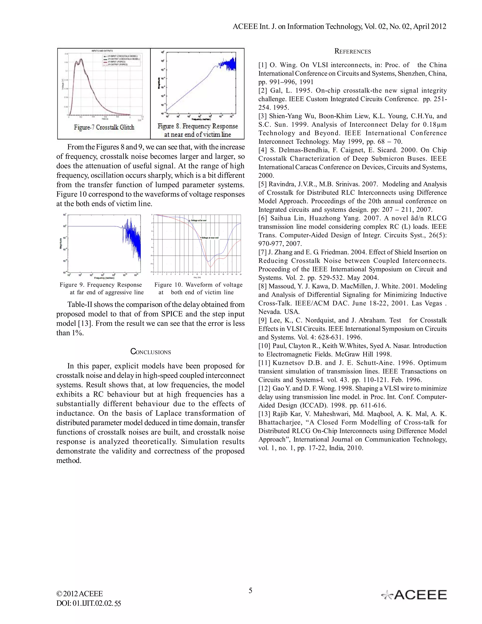 ACEEE Int. J. on Information Technology, Vol. 02, No. 02, April 2012


                                                                                                    REFERENCES
                                                                         [1] O. Wing. On VLSI interconnects, in: Proc. of the China
                                                                         International Conference on Circuits and Systems, Shenzhen, China,
                                                                         pp. 991–996, 1991
                                                                         [2] Gal, L. 1995. On-chip crosstalk-the new signal integrity
                                                                         challenge. IEEE Custom Integrated Circuits Conference. pp. 251-
                                                                         254. 1995.
                                                                         [3] Shien-Yang Wu, Boon-Khim Liew, K.L. Young, C.H.Yu, and
                                                                         S.C. Sun. 1999. Analysis of Interconnect Delay for 0.18µm
                                                                         Technology and Beyond. IEEE International Conference
                                                                         Interconnect Technology. May 1999, pp. 68 – 70.
    From the Figures 8 and 9, we can see that, with the increase         [4] S. Delmas-Bendhia, F. Caignet, E. Sicard. 2000. On Chip
of frequency, crosstalk noise becomes larger and larger, so              Crosstalk Characterization of Deep Submicron Buses. IEEE
does the attenuation of useful signal. At the range of high              International Caracas Conference on Devices, Circuits and Systems,
frequency, oscillation occurs sharply, which is a bit different          2000.
from the transfer function of lumped parameter systems.                  [5] Ravindra, J.V.R., M.B. Srinivas. 2007. Modeling and Analysis
Figure 10 correspond to the waveforms of voltage responses               of Crosstalk for Distributed RLC Interconnects using Difference
at the both ends of victim line.                                         Model Approach. Proceedings of the 20th annual conference on
                                                                         Integrated circuits and systems design. pp: 207 – 211, 2007.
                                                                         [6] Saihua Lin, Huazhong Yang. 2007. A novel ãd/n RLCG
                                                                         transmission line model considering complex RC (L) loads. IEEE
                                                                         Trans. Computer-Aided Design of Integr. Circuits Syst., 26(5):
                                                                         970-977, 2007.
                                                                         [7] J. Zhang and E. G. Friedman. 2004. Effect of Shield Insertion on
                                                                         Reducing Crosstalk Noise between Coupled Interconnects.
                                                                         Proceeding of the IEEE International Symposium on Circuit and
                                                                         Systems. Vol. 2. pp. 529-532. May 2004.
 Figure 9. Frequency Response       Figure 10. Waveform of voltage       [8] Massoud, Y. J. Kawa, D. MacMillen, J. White. 2001. Modeling
    at far end of aggressive line    at both end of victim line          and Analysis of Differential Signaling for Minimizing Inductive
   Table-II shows the comparison of the delay obtained from              Cross-Talk. IEEE/ACM DAC. June 18-22, 2001. Las Vegas .
proposed model to that of from SPICE and the step input                  Nevada. USA.
model [13]. From the result we can see that the error is less            [9] Lee, K., C. Nordquist, and J. Abraham. Test for Crosstalk
                                                                         Effects in VLSI Circuits. IEEE International Symposium on Circuits
than 1%.
                                                                         and Systems. Vol. 4: 628-631. 1996.
                                                                         [10] Paul, Clayton R., Keith W.Whites, Syed A. Nasar. Introduction
                           CONCLUSIONS                                   to Electromagnetic Fields. McGraw Hill 1998.
    In this paper, explicit models have been proposed for                [11] Kuznetsov D.B. and J. E. Schutt-Aine. 1996. Optimum
                                                                         transient simulation of transmission lines. IEEE Transactions on
crosstalk noise and delay in high-speed coupled interconnect
                                                                         Circuits and Systems-I. vol. 43. pp. 110-121. Feb. 1996.
systems. Result shows that, at low frequencies, the model                [12] Gao Y. and D. F. Wong. 1998. Shaping a VLSI wire to minimize
exhibits a RC behaviour but at high frequencies has a                    delay using transmission line model. in Proc. Int. Conf. Computer-
substantially different behaviour due to the effects of                  Aided Design (ICCAD). 1998. pp. 611-616.
inductance. On the basis of Laplace transformation of                    [13] Rajib Kar, V. Maheshwari, Md. Maqbool, A. K. Mal, A. K.
distributed parameter model deduced in time domain, transfer             Bhattacharjee, “A Closed Form Modelling of Cross-talk for
functions of crosstalk noises are built, and crosstalk noise             Distributed RLCG On-Chip Interconnects using Difference Model
response is analyzed theoretically. Simulation results                   Approach”, International Journal on Communication Technology,
demonstrate the validity and correctness of the proposed                 vol. 1, no. 1, pp. 17-22, India, 2010.
method.




© 2012 ACEEE                                                         5
DOI: 01.IJIT.02.02. 55
 