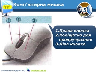 Розділ 2
§ 2.1

Комп’ютерна мишка

5

1.Права кнопка
2.Коліщатко для
прокручування
3.Ліва кнопка

© Вивчаємо інформатику

...