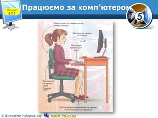 Розділ 2
§ 2.1

Працюємо за комп’ютером

5

www.teach-inf.at.ua

© Вивчаємо інформатику

teach-inf.at.ua

 