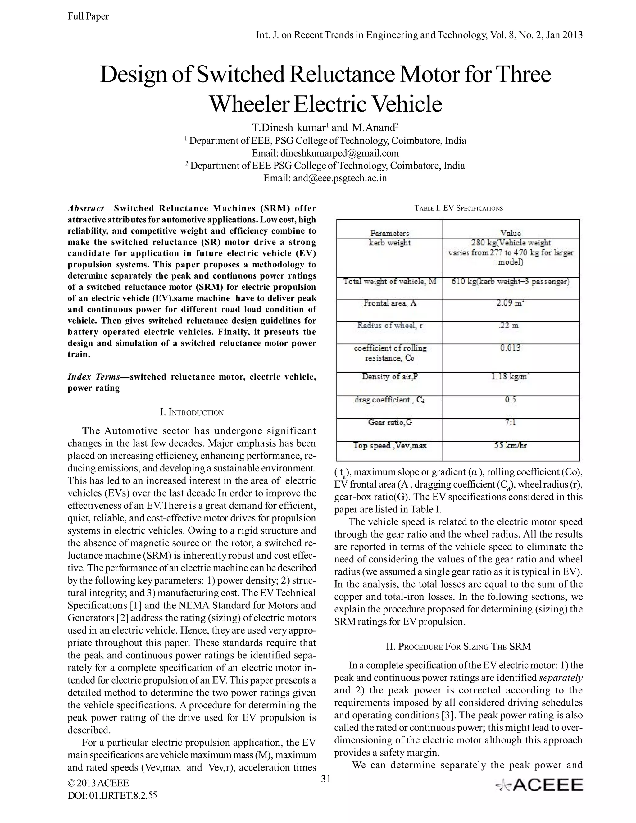 Tural Sum Design of Switched Reluctance Motor for Three Wheeler Electric Vehicle ...