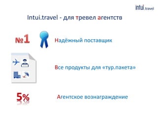 Intui.travel - для тревел агентств
Надёжный поставщик
Все продукты для «тур.пакета»
Агентское вознаграждение
 