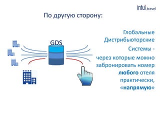 По другую сторону:
Глобальные
Дистрибьюторские
Системы -
через которые можно
забронировать номер
любого отеля
практически,
«напрямую»
GDS
 