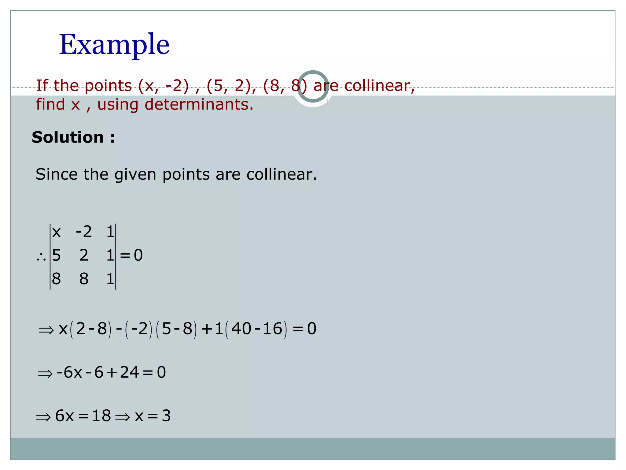 If the points (x, -2) , (5, 2), (8, 8) are collinear,
find x , using determinants.
Example
Solution :
x -2 1
5 2 1 =0
8 8 1
∴
( ) ( ) ( ) ( )x 2-8 - -2 5-8 +1 40-16 =0⇒
-6x-6+24=0⇒
6x =18 x =3⇒ ⇒
Since the given points are collinear.
 