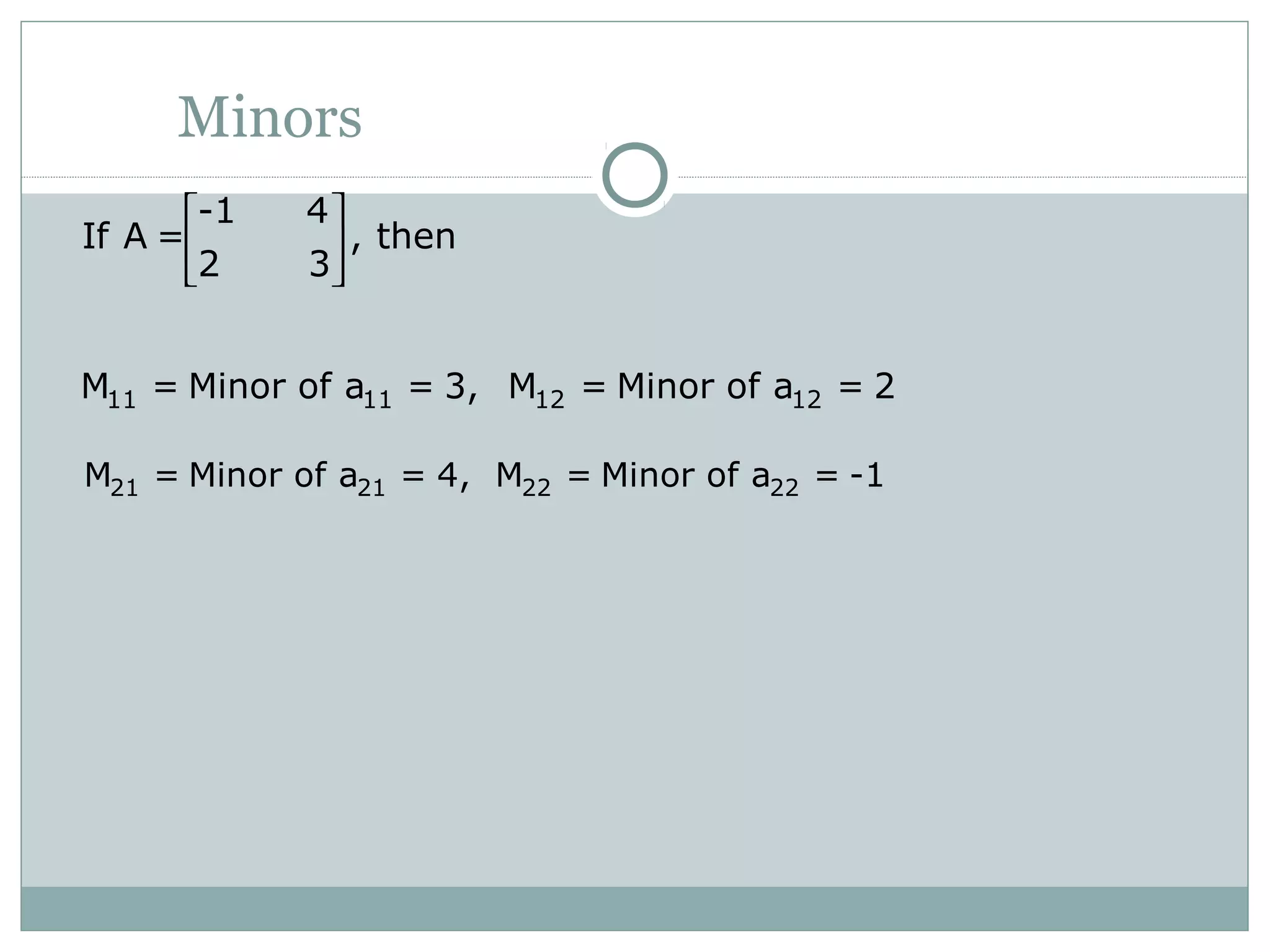 Minors
-1 4
If A = , then
2 3
 
 
 
21 21 22 22M = Minor of a = 4, M = Minor of a = -1
11 11 12 12M = Minor of a = 3, M = Minor of a = 2
 
