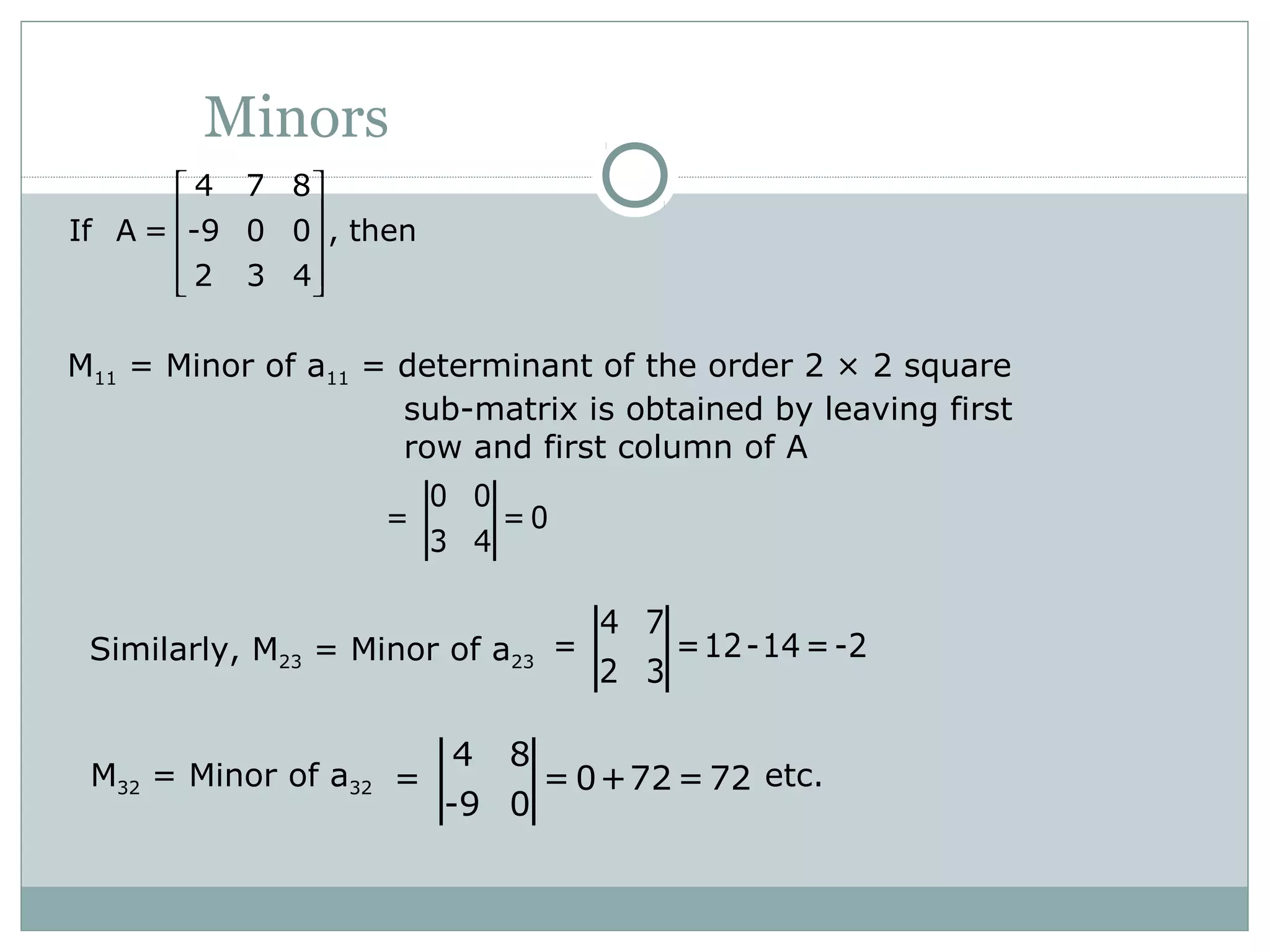 Minors
4 7 8
If A = -9 0 0 , then
2 3 4
 
 
 
  
M11 = Minor of a11 = determinant of the order 2 × 2 square
sub-matrix is obtained by leaving first
row and first column of A
0 0
= = 0
3 4
Similarly, M23 = Minor of a23
4 7
= =12-14=-2
2 3
M32 = Minor of a32 etc.
4 8
= = 0+72 =72
-9 0
 