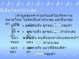 ข้อสัง๶กตคำำประสม
 คำำมูลสองคำำรวมกันแต่ไม่๶กิดควำม
หมำยใหม่ ไม่จัด๶ป็นคำำประสม แต่๶ป็นกลุ่ม
คำำ ๶ช่นลูก +
ไก่
= ลูกไก่หมำยถึง ลูกของไก่
ลูก +
นำ้ำ
= ลูก
นำ้ำ
หมำยถึง ลูกของยุง
แมว
+ดำำ
= แมว
ดำำ
หมำยถึง แมวที่มีขนสีดำำ
แมว
+มอง
=หมำยถึง คนที่คอยหำนักแสดงหน้ำใแมว
มอง
กลุ่มคำำ
คำำประสม
คำำประสม
กลุ่มคำำ
 